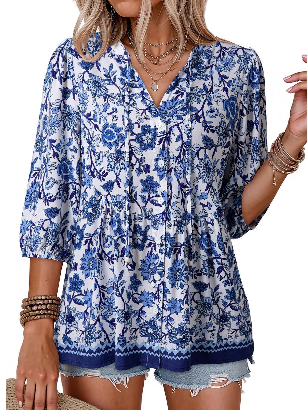 ⏰Hot Sale-Women's Boho Floral V-Neck Button-Down Peplum Blouse