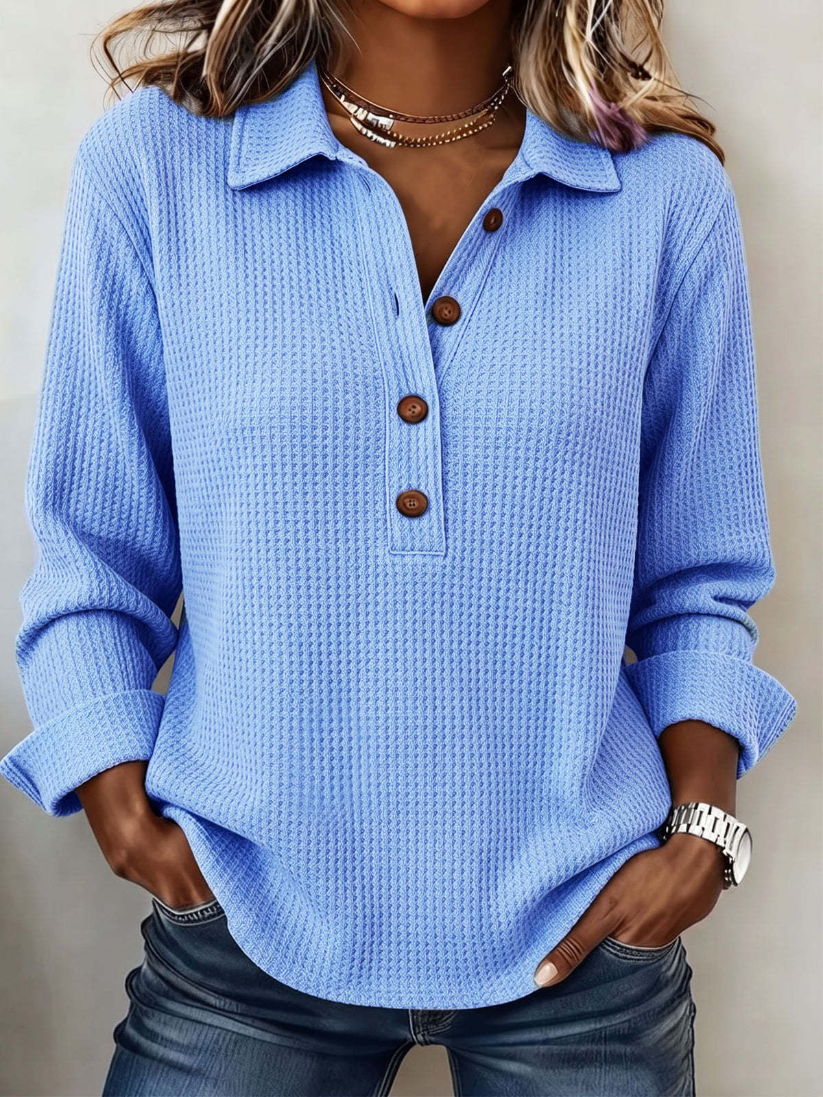 Women's Waffle Lapel Half Button Long Sleeve Top