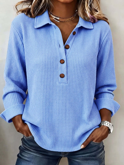 Women's Waffle Lapel Half Button Long Sleeve Top