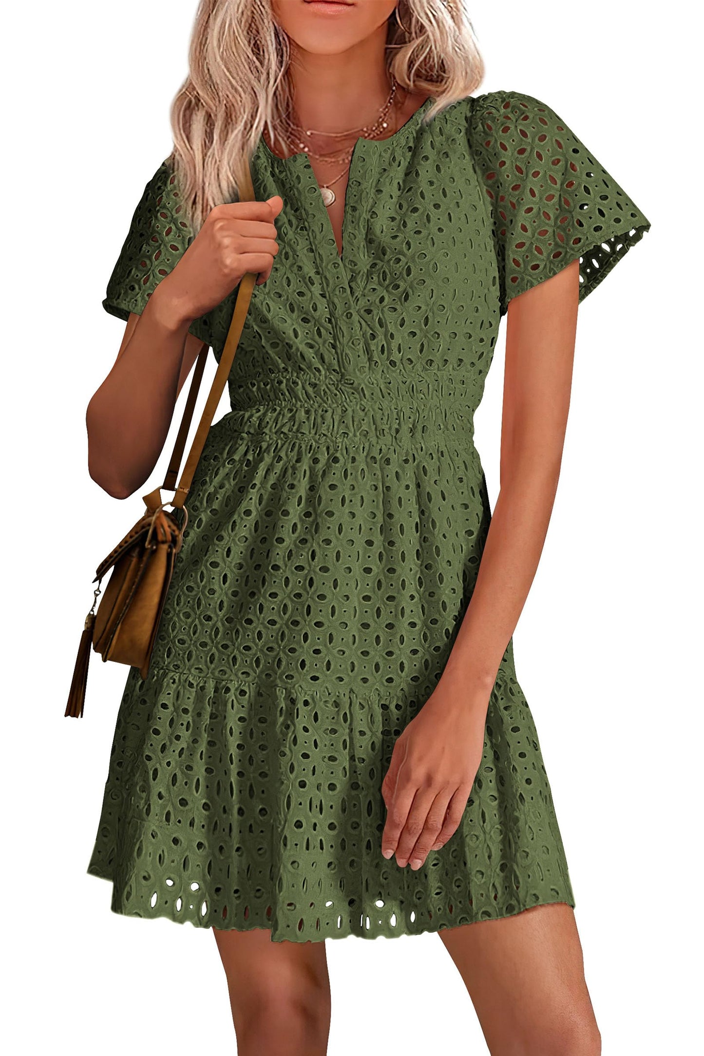 ⏰Hot Sale-Women's V Neck A Line Hollow Out Lace Dress