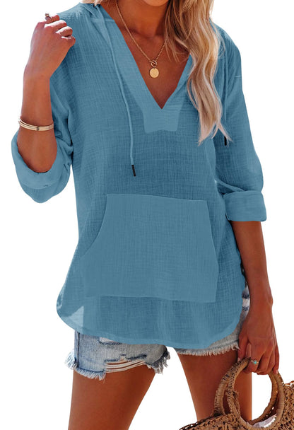 Women's Long Sleeve V Neck Pocketed Hooded Shirt Top
