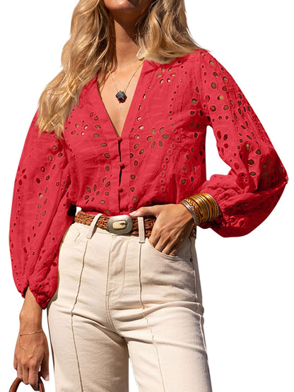 Womens Summer Deep V Neck Eyelet Blouses Casual 3/4 Balloon Sleeve Button Down Shirts