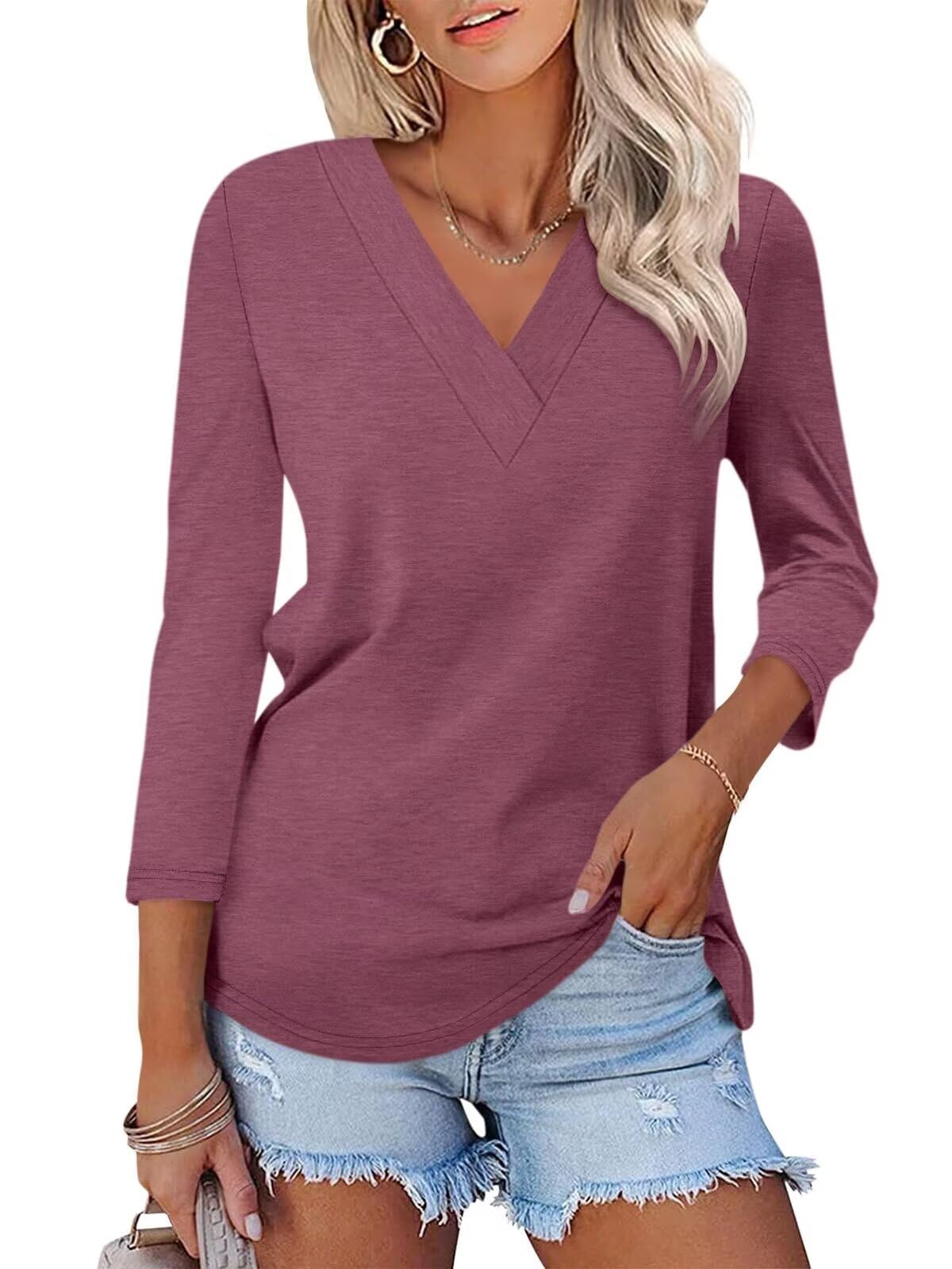Women's 3/4 Length Sleeves V Neck Basic Tops (Buy 3 Free Shipping)