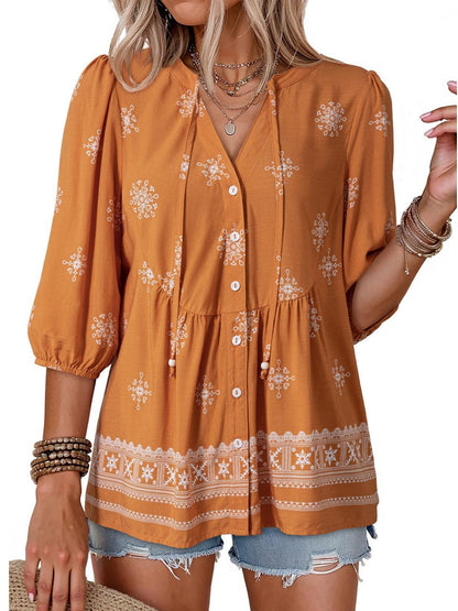 ⏰Hot Sale-Women's Boho Floral V-Neck Button-Down Peplum Blouse