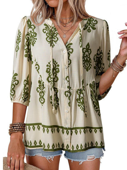 ⏰Hot Sale-Women's Boho Floral V-Neck Button-Down Peplum Blouse