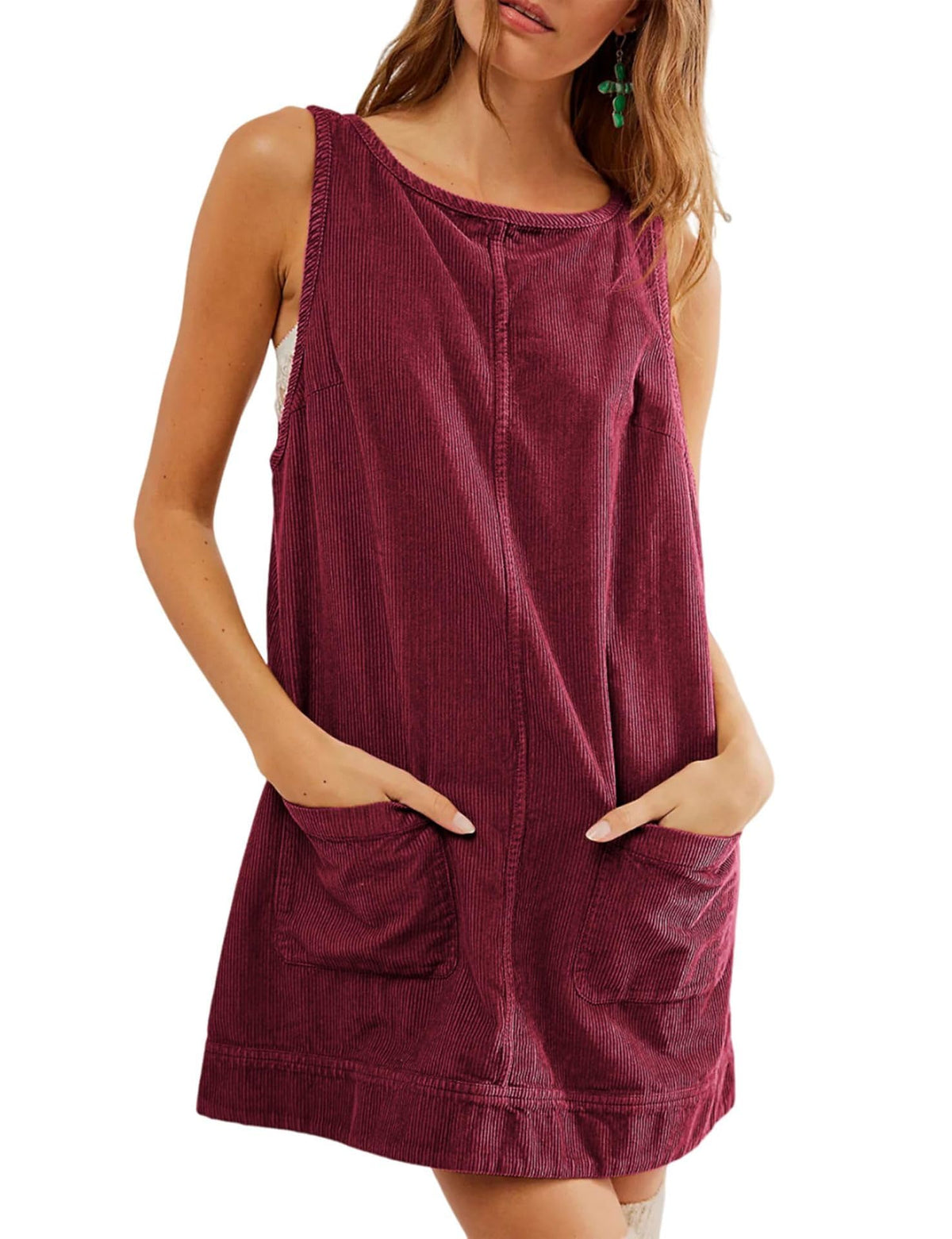 Hot Sale-Women's Round Neck Corduroy Overall Dress