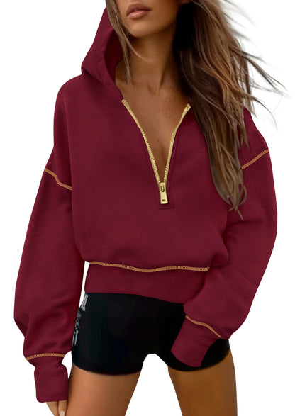 Women's Half Zip Long Sleeve Cropped Hoodie (Buy 2 Free Shipping)