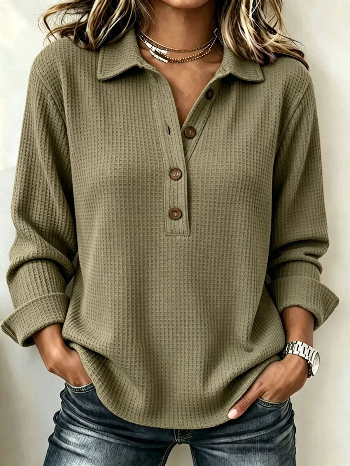 Women's Waffle Lapel Half Button Long Sleeve Top