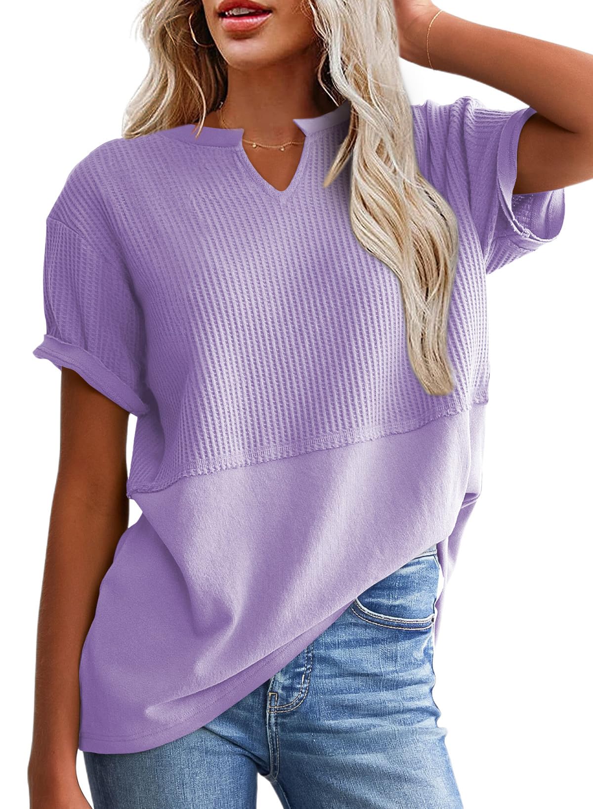 Hot Sale-Women's Casual V Neck Waffle Knit Tops Short Sleeve T Shirts