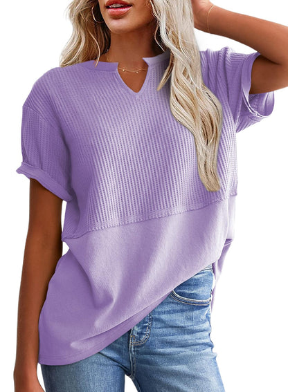 Hot Sale-Women's Casual V Neck Waffle Knit Tops Short Sleeve T Shirts