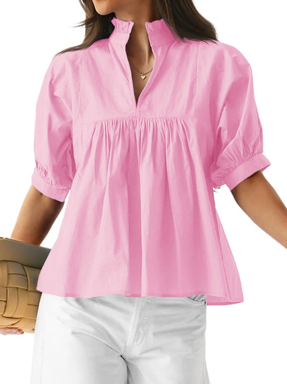 Women's Puff Sleeve V Neck Casual Pleated Tops