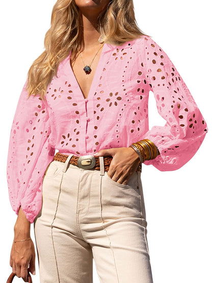 Womens Summer Deep V Neck Eyelet Blouses Casual 3/4 Balloon Sleeve Button Down Shirts