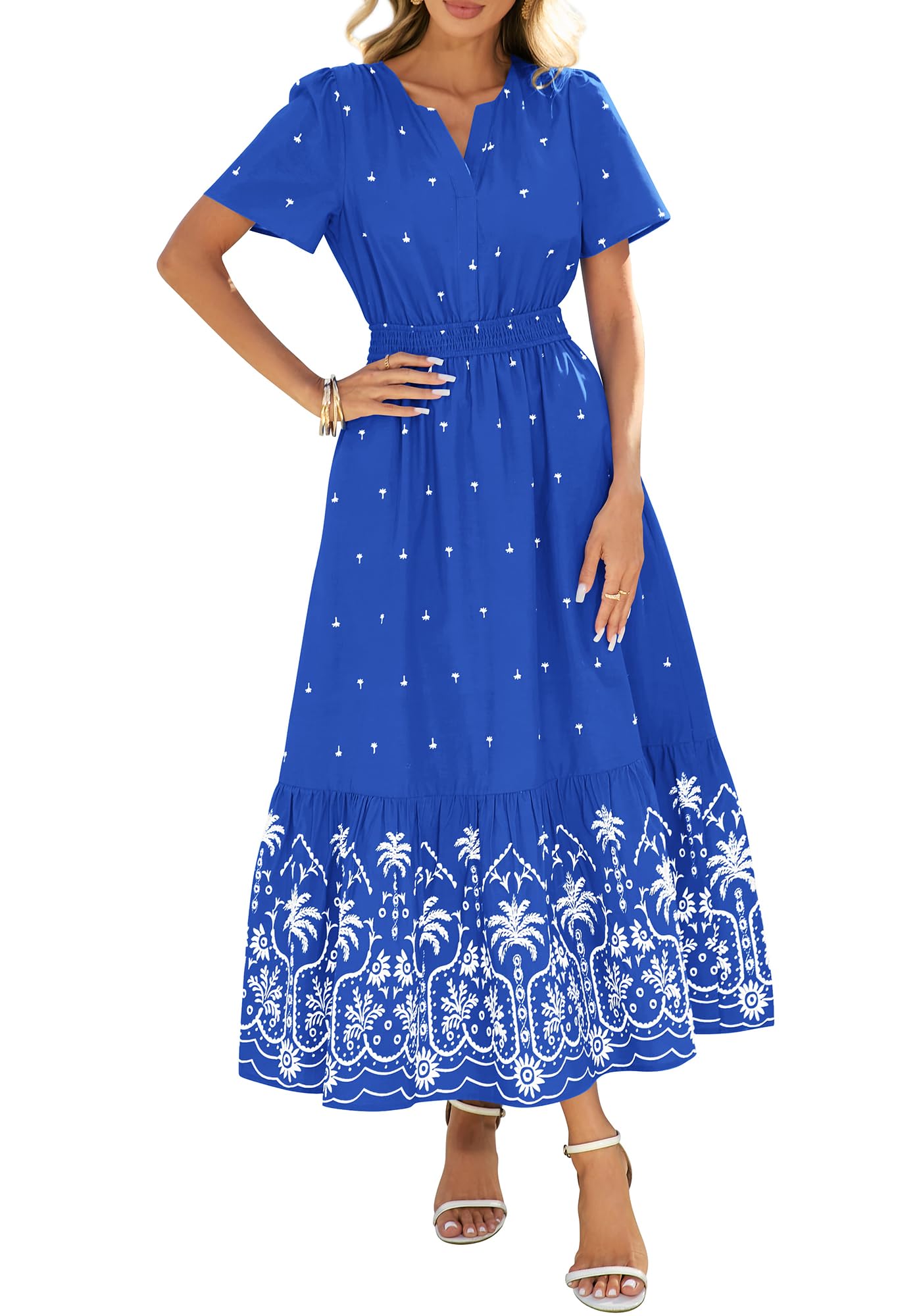 Womens Casual Short Sleeve Elastic Waist Flowy Beach Vacation Floral Boho Maxi Dress