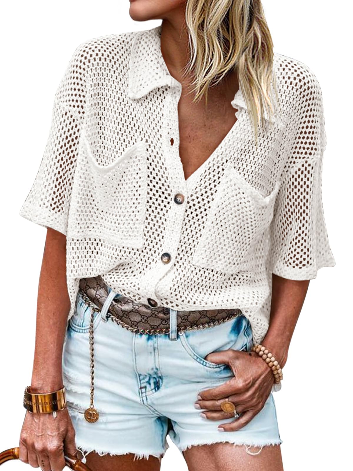 Womens Short Sleeve Crochet Lightweight Cardigan Sweaters Cover Up Shirts