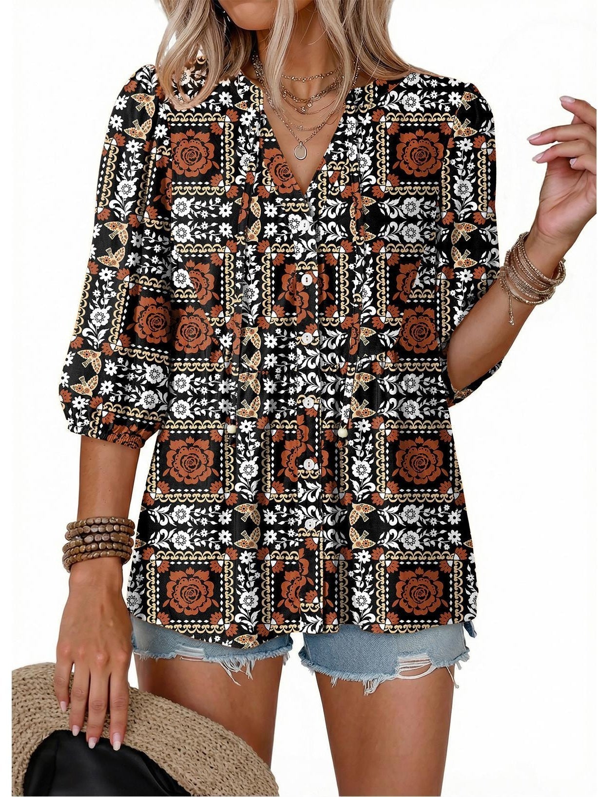 ⏰Hot Sale-Women's Boho Floral V-Neck Button-Down Peplum Blouse