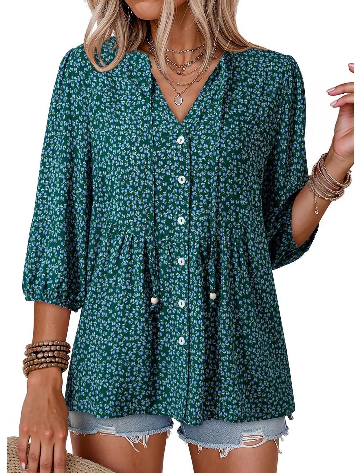 ⏰Hot Sale-Women's Boho Floral V-Neck Button-Down Peplum Blouse
