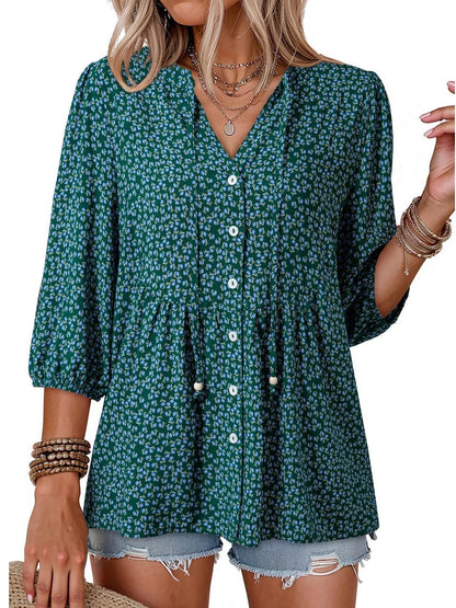 ⏰Hot Sale-Women's Boho Floral V-Neck Button-Down Peplum Blouse