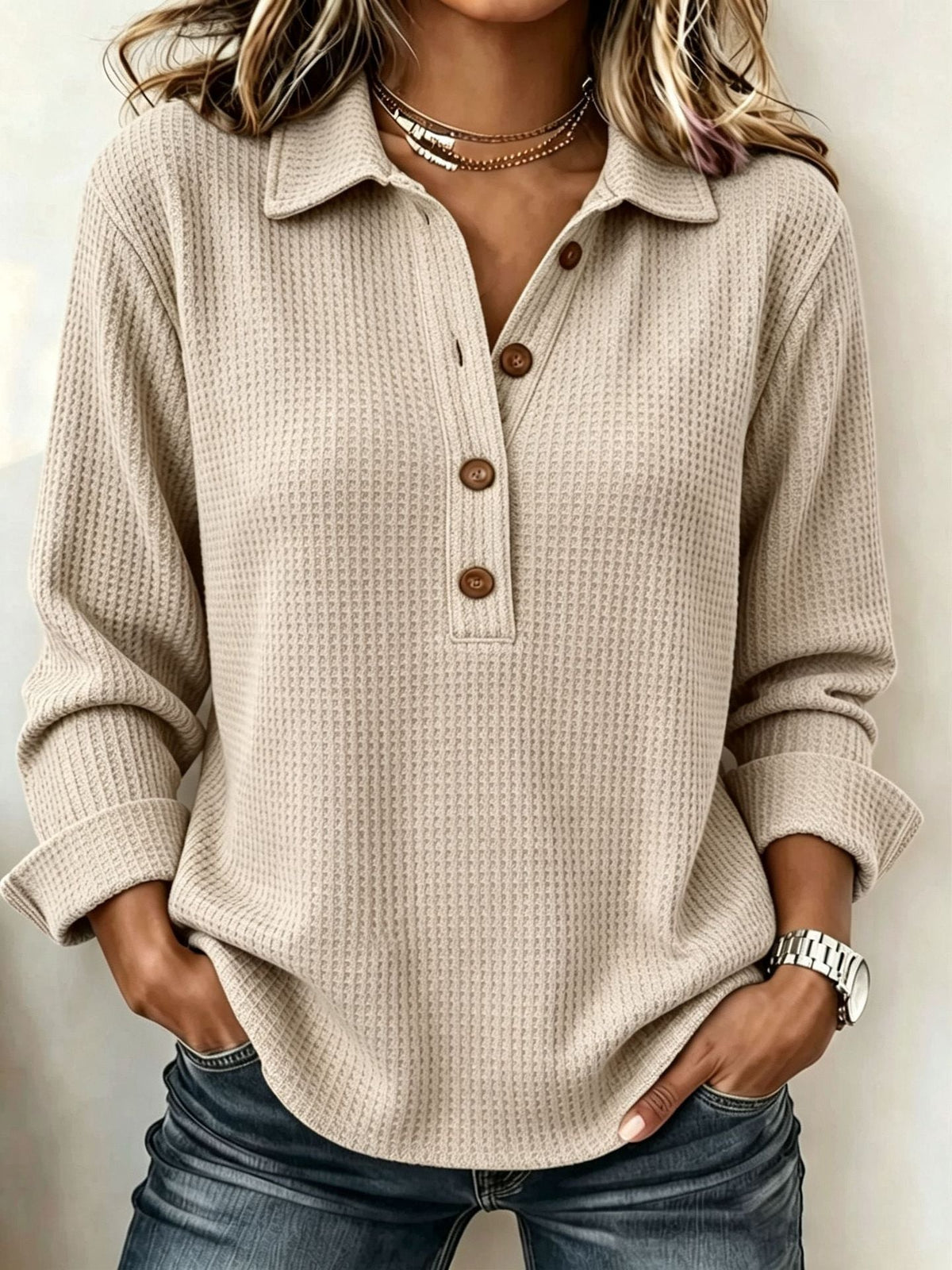 Women's Waffle Lapel Half Button Long Sleeve Top