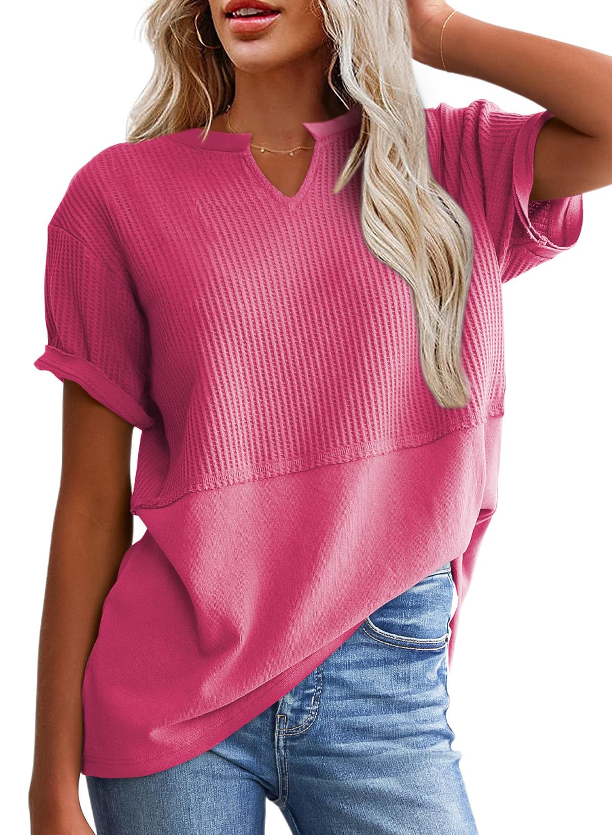 Hot Sale-Women's Casual V Neck Waffle Knit Tops Short Sleeve T Shirts