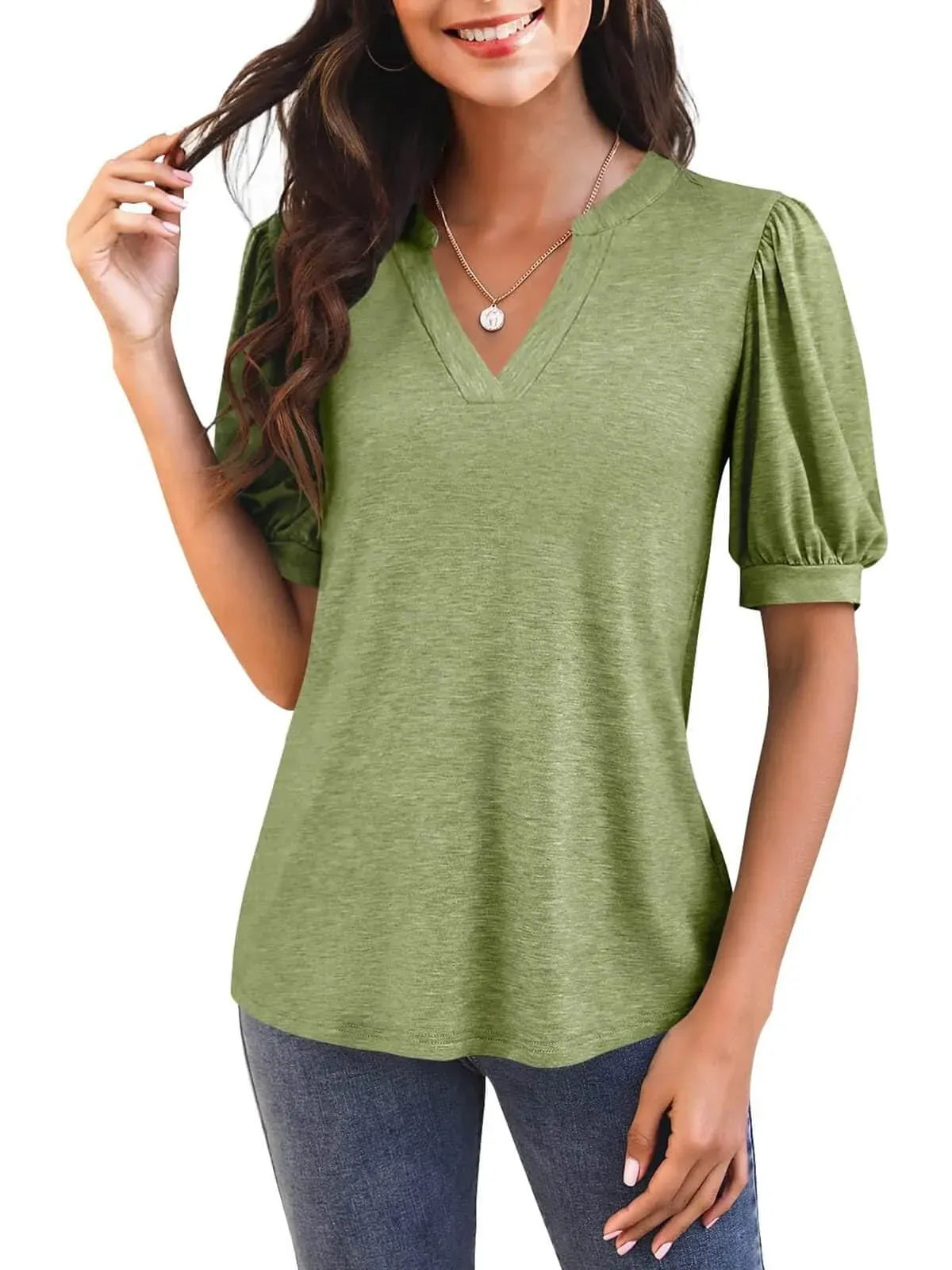 Women's Casual V-neck Solid Color Puff Sleeve Loose T-Shirt