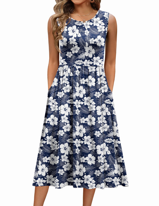 Women's Summer Floral Sleeveless A-Line Tank Midi Dress with Pockets