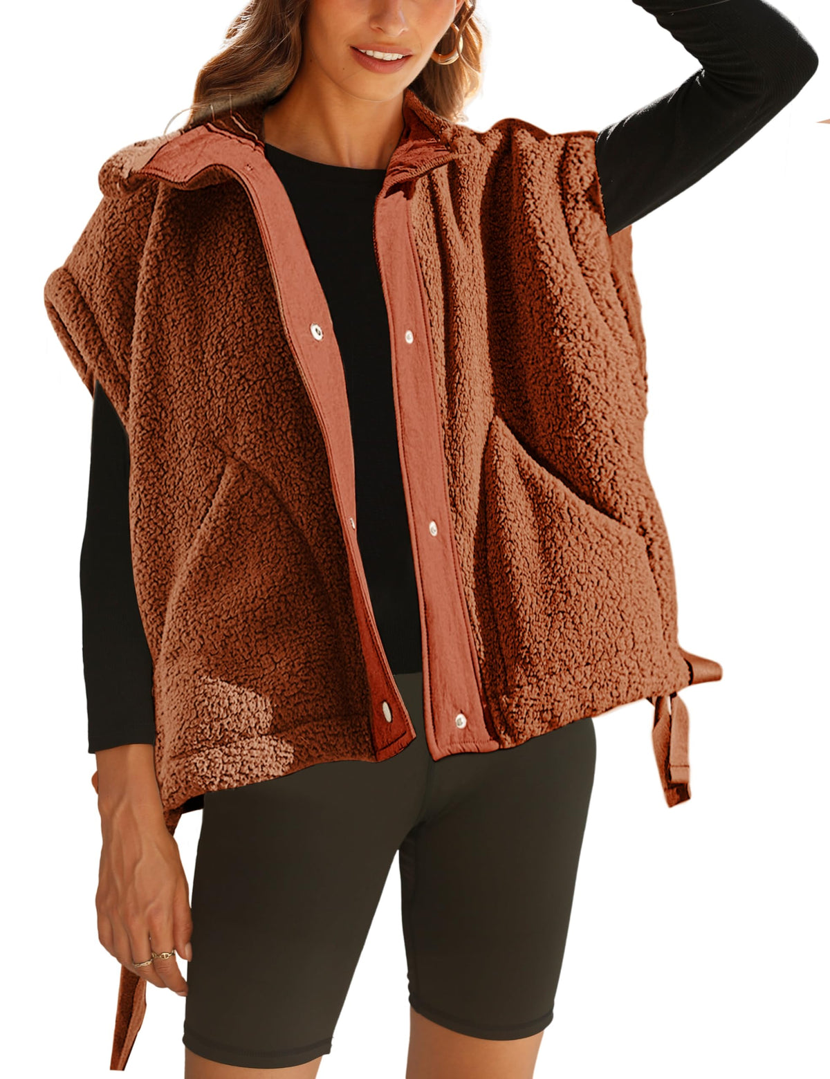 Women's Fuzzy Fleece Vest Oversized Button Down Sherpa Jacket