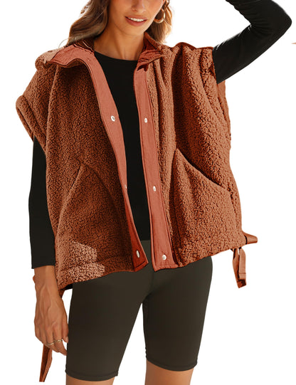 Women's Fuzzy Fleece Vest Oversized Button Down Sherpa Jacket