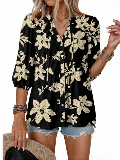⏰Hot Sale-Women's Boho Floral V-Neck Button-Down Peplum Blouse