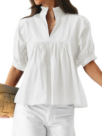 Women's Puff Sleeve V Neck Casual Pleated Tops