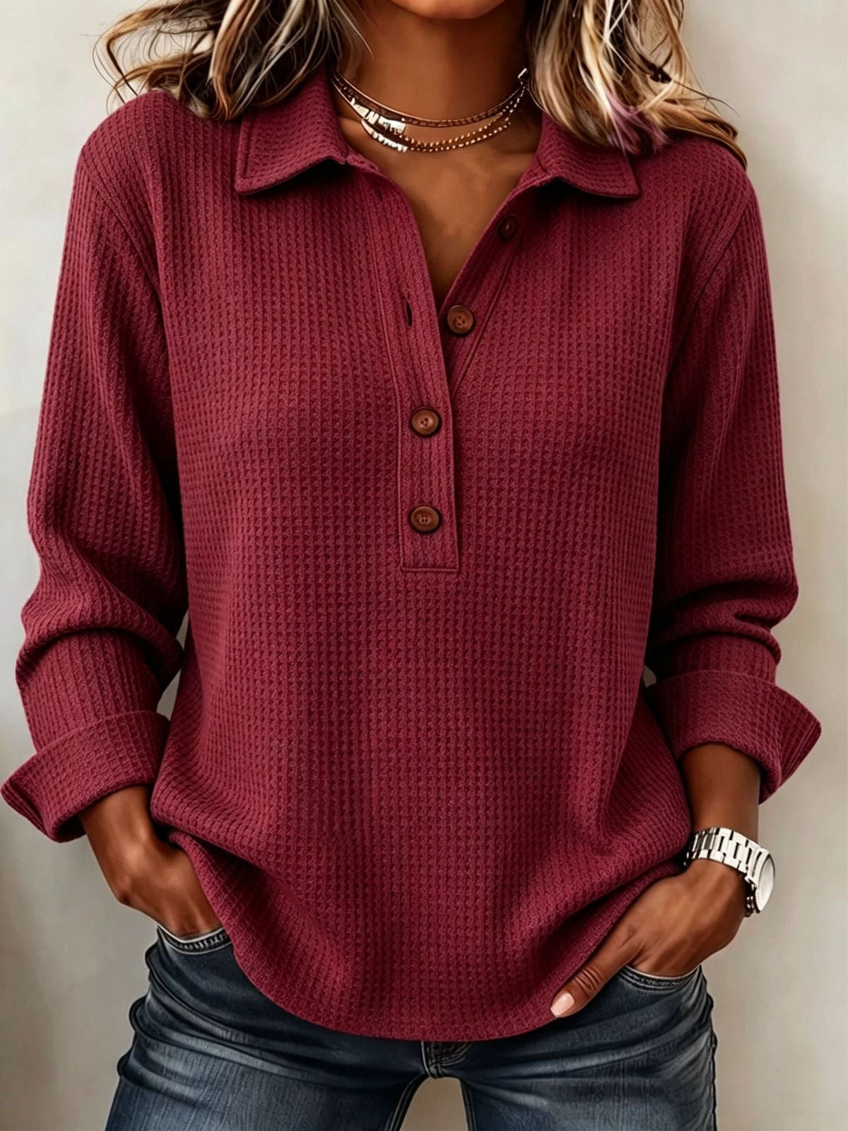 Women's Waffle Lapel Half Button Long Sleeve Top