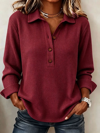 Women's Waffle Lapel Half Button Long Sleeve Top
