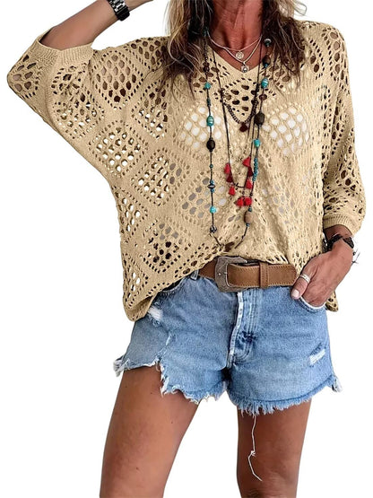 Women's Bohemian-Inspired Beige Crochet Top with V-Neck(Buy 2 Free Shipping)
