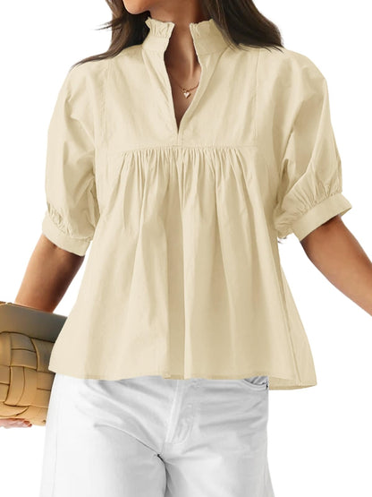 Women's Puff Sleeve V Neck Casual Pleated Tops