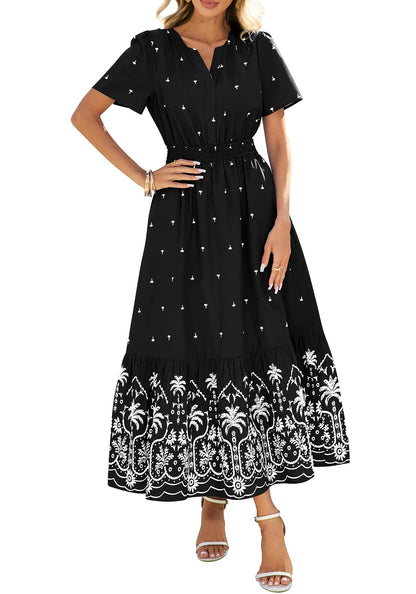 Womens Casual Short Sleeve Elastic Waist Flowy Beach Vacation Floral Boho Maxi Dress