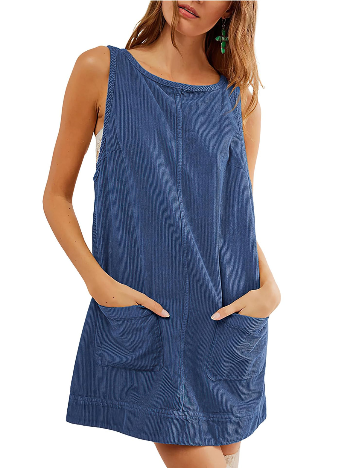 Hot Sale-Women's Round Neck Corduroy Overall Dress