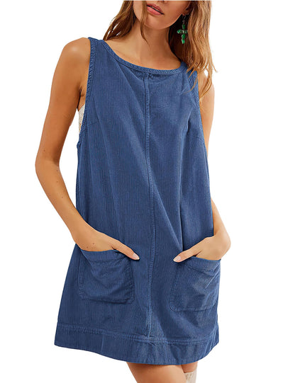 Hot Sale-Women's Round Neck Corduroy Overall Dress