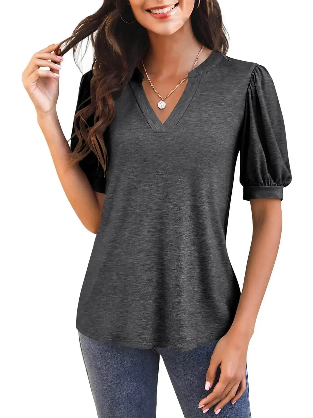 Women's Casual V-neck Solid Color Puff Sleeve Loose T-Shirt