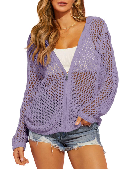 Limited time sale🔥Womens Crochet Lightweight Cardigans Zip Up Hooded Cover Up