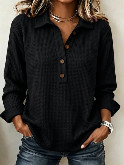 Women's Waffle Lapel Half Button Long Sleeve Top