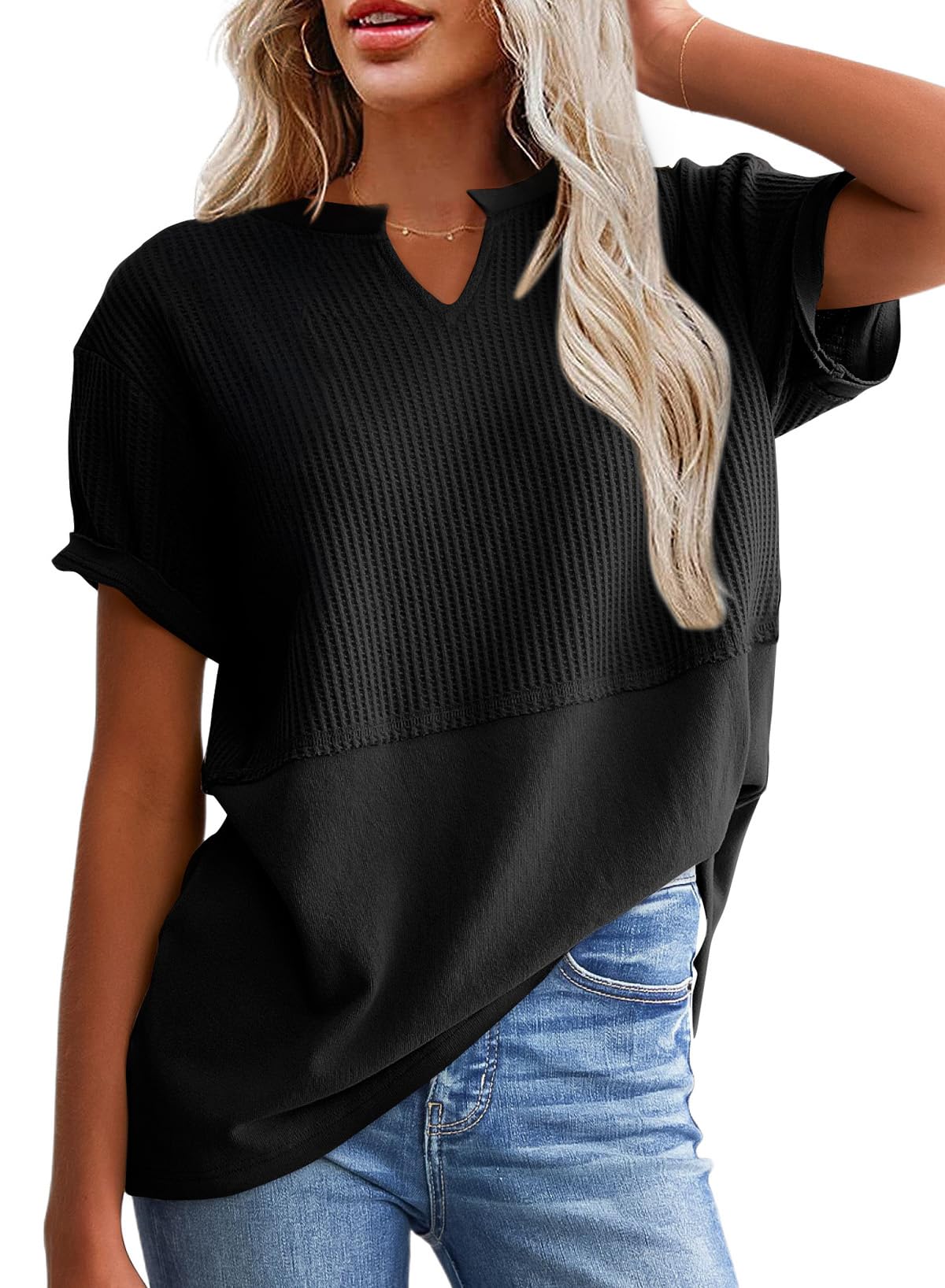 Hot Sale-Women's Casual V Neck Waffle Knit Tops Short Sleeve T Shirts
