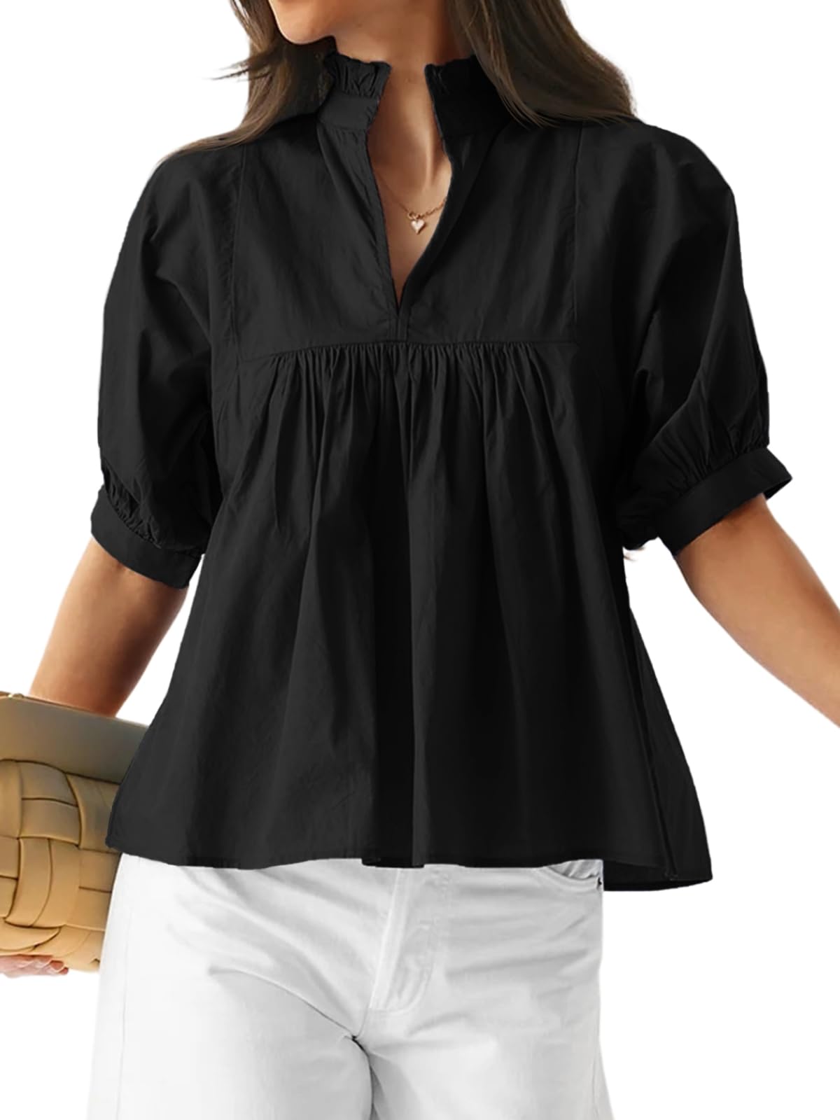 Women's Puff Sleeve V Neck Casual Pleated Tops