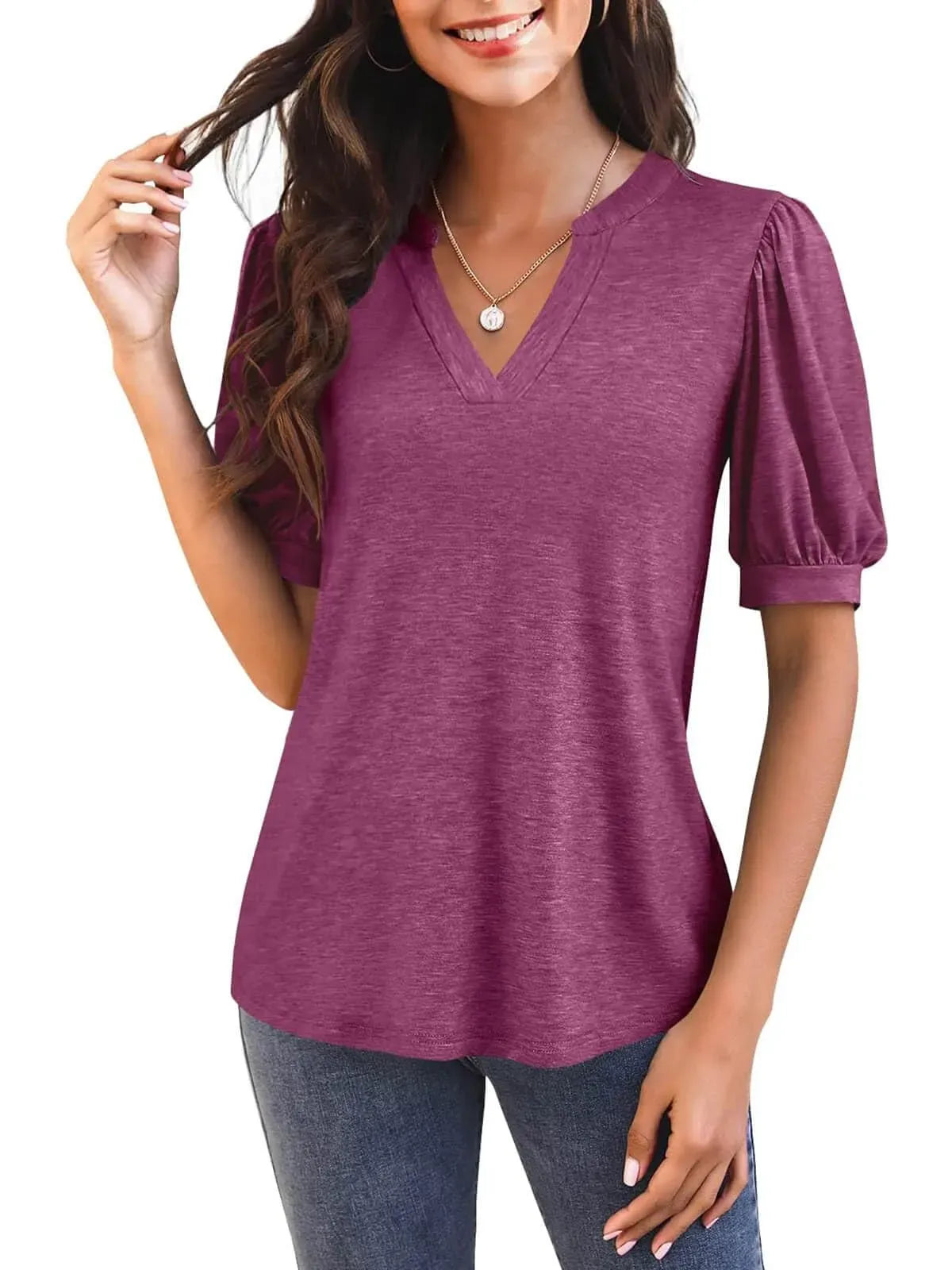 Women's Casual V-neck Solid Color Puff Sleeve Loose T-Shirt