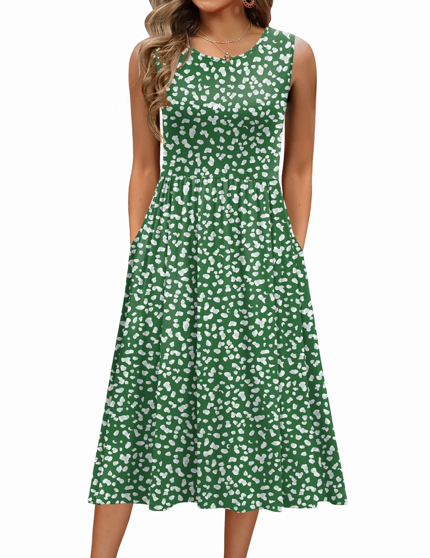 Women's Summer Floral Sleeveless A-Line Tank Midi Dress with Pockets