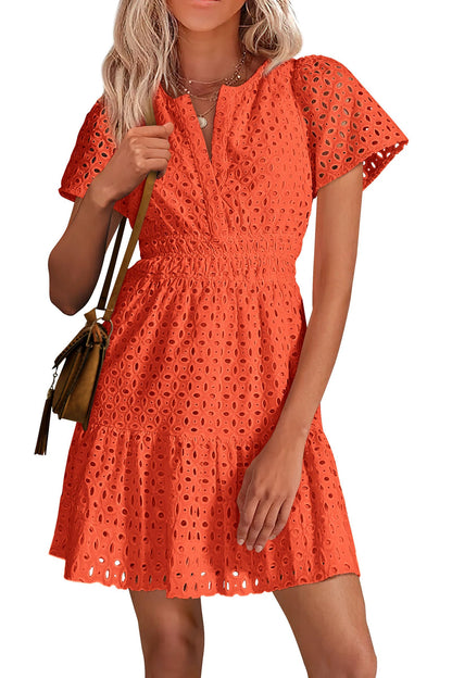 ⏰Hot Sale-Women's V Neck A Line Hollow Out Lace Dress