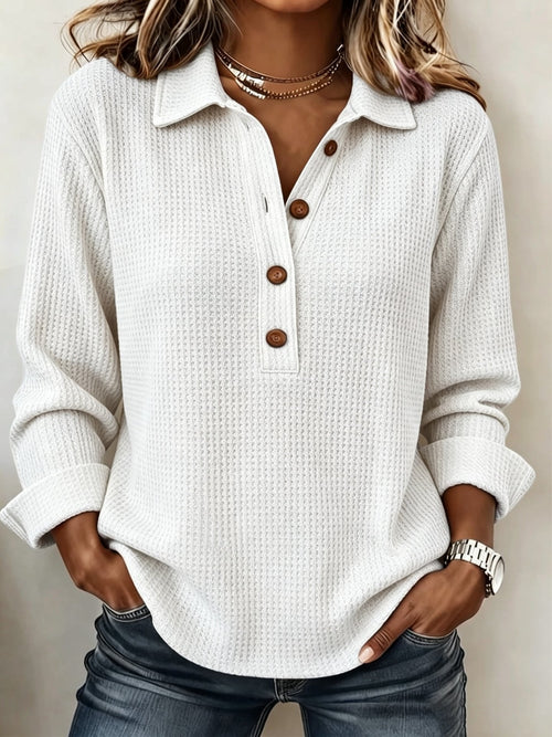 Women's Waffle Lapel Half Button Long Sleeve Top