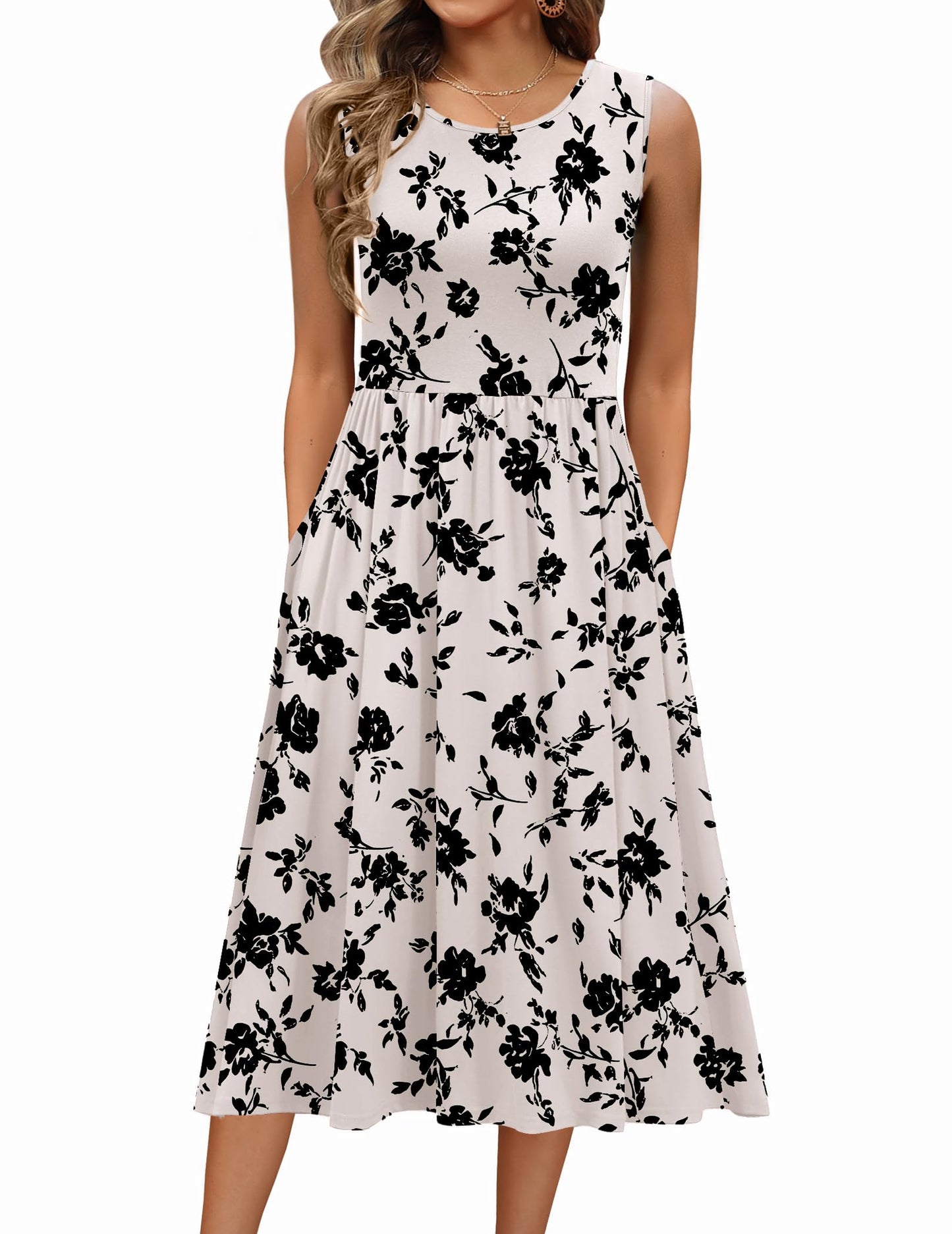 Women's Summer Floral Sleeveless A-Line Tank Midi Dress with Pockets