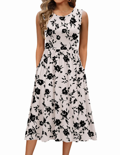 Women's Summer Floral Sleeveless A-Line Tank Midi Dress with Pockets
