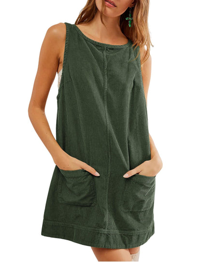 Hot Sale-Women's Round Neck Corduroy Overall Dress