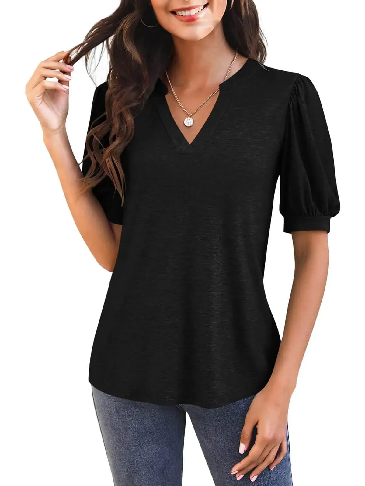 Women's Casual V-neck Solid Color Puff Sleeve Loose T-Shirt