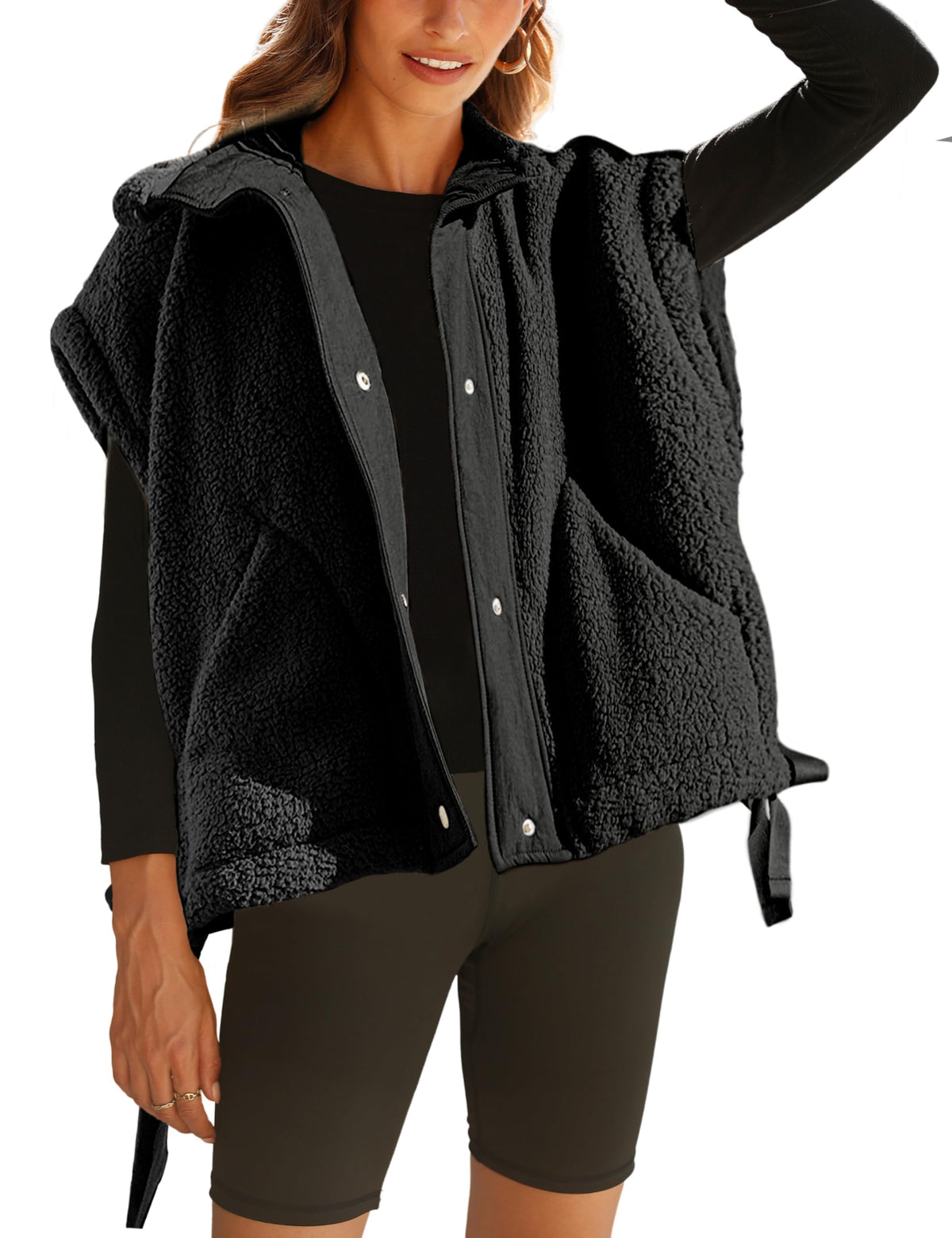 Women's Fuzzy Fleece Vest Oversized Button Down Sherpa Jacket